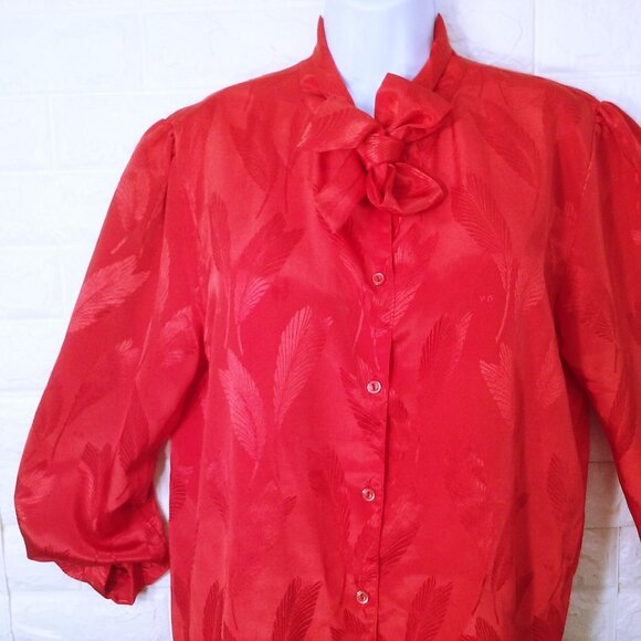Vintage 70s Empire California Satin Bow Blouse Top -XL Feathers GA Print Buttons - Picture 2 of 11